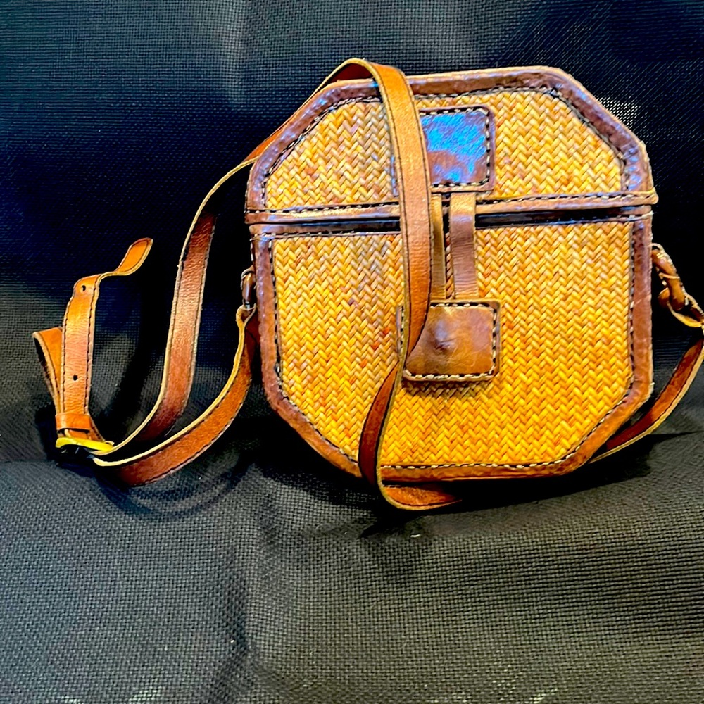Vintage Island import woven bag with leather trim